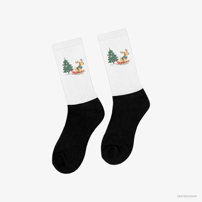 Labrador Retriever Towing a Christmas Tree on a Sled White and Black Socks