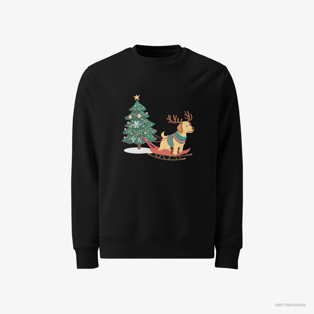 Labrador Retriever Sweatshirt – Men Black Sweatshirt Classic – Towing a Christmas Tree on a Sled (on White Background)