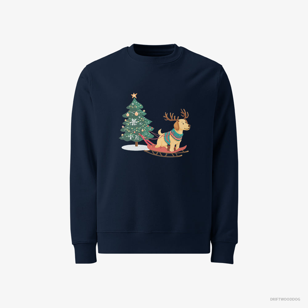 Labrador Retriever Sweatshirt – Men Navy Sweatshirt Classic – Towing a Christmas Tree on a Sled (on White Background)