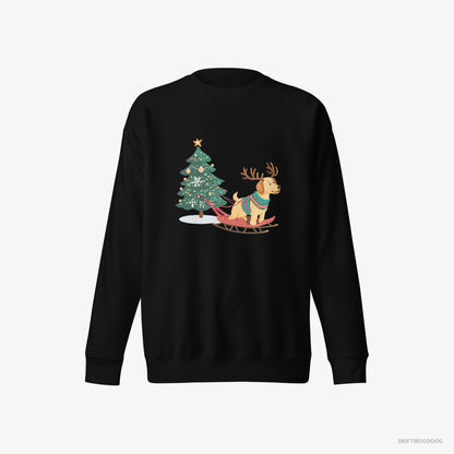 Labrador Retriever Sweatshirt – Men Black Sweatshirt Eco-Friendly – Towing a Christmas Tree on a Sled (on White Background)