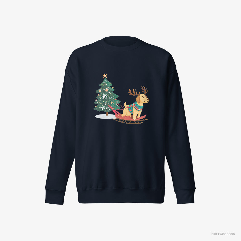 Labrador Retriever Sweatshirt – Men Navy Sweatshirt Eco-Friendly – Towing a Christmas Tree on a Sled (on White Background)