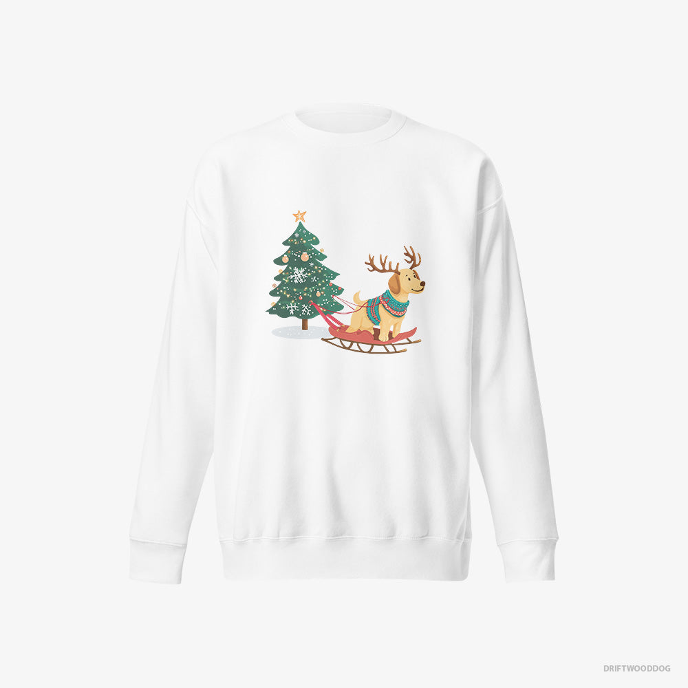 Labrador Retriever Sweatshirt – Men White Sweatshirt Eco-Friendly – Towing a Christmas Tree on a Sled (on White Background)