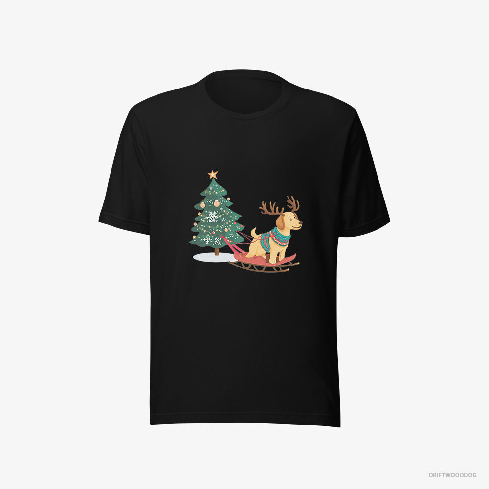 Labrador Retriever T-Shirt – Men Black T-Shirt Eco-Friendly – Towing a Christmas Tree on a Sled (on White Background)