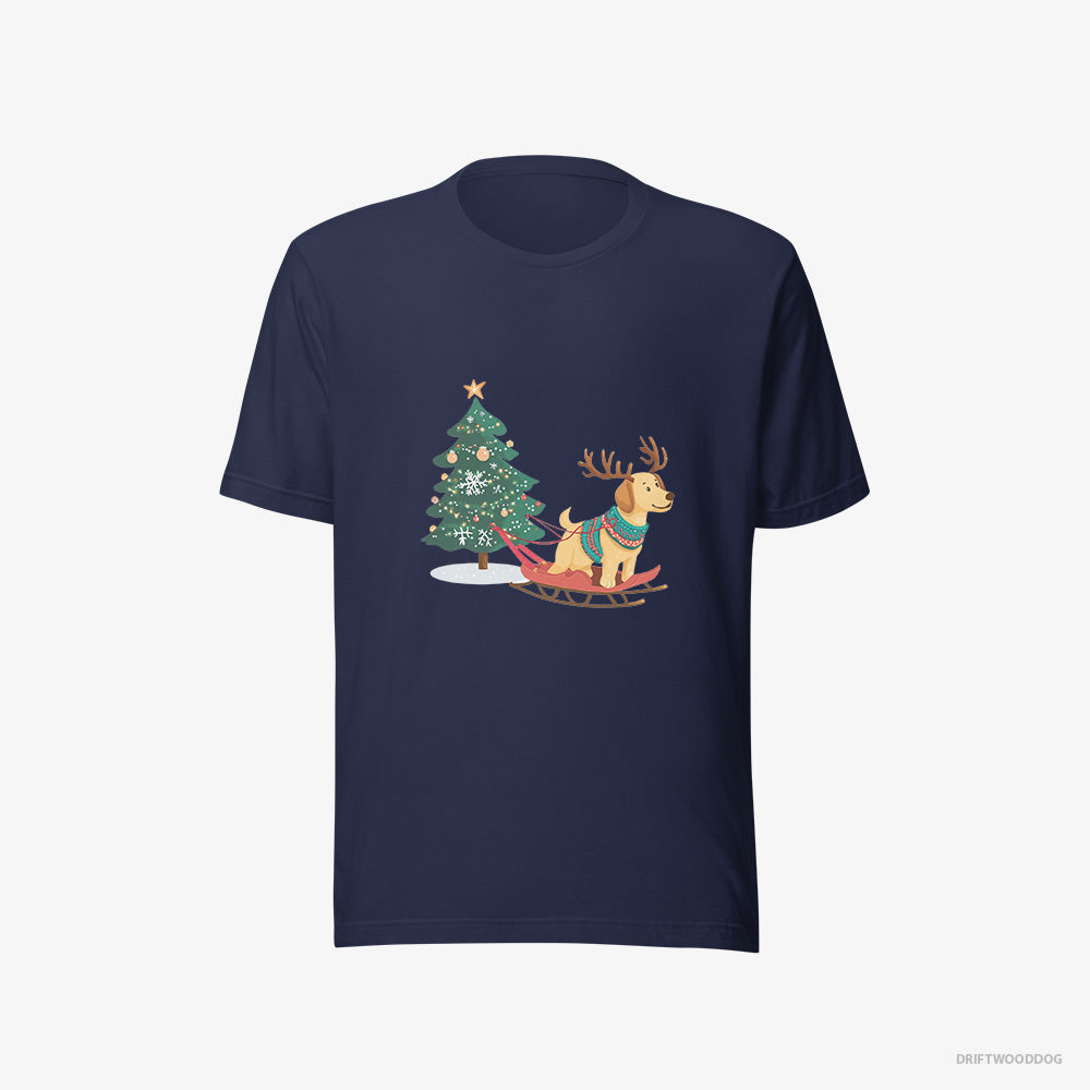 Labrador Retriever T-Shirt – Men Navy T-Shirt Eco-Friendly – Towing a Christmas Tree on a Sled (on White Background)