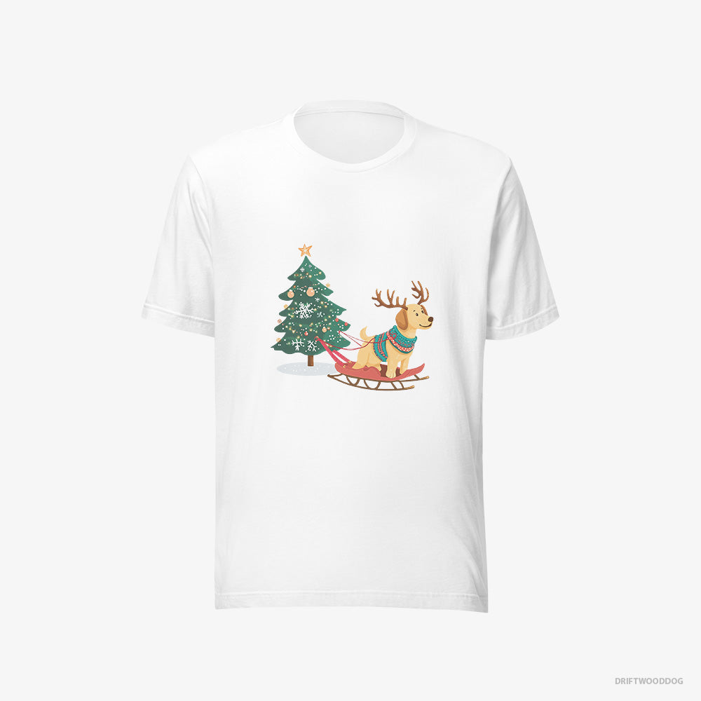 Labrador Retriever T-Shirt – Women White T-Shirt Eco-Friendly – Towing a Christmas Tree on a Sled (on White Background)