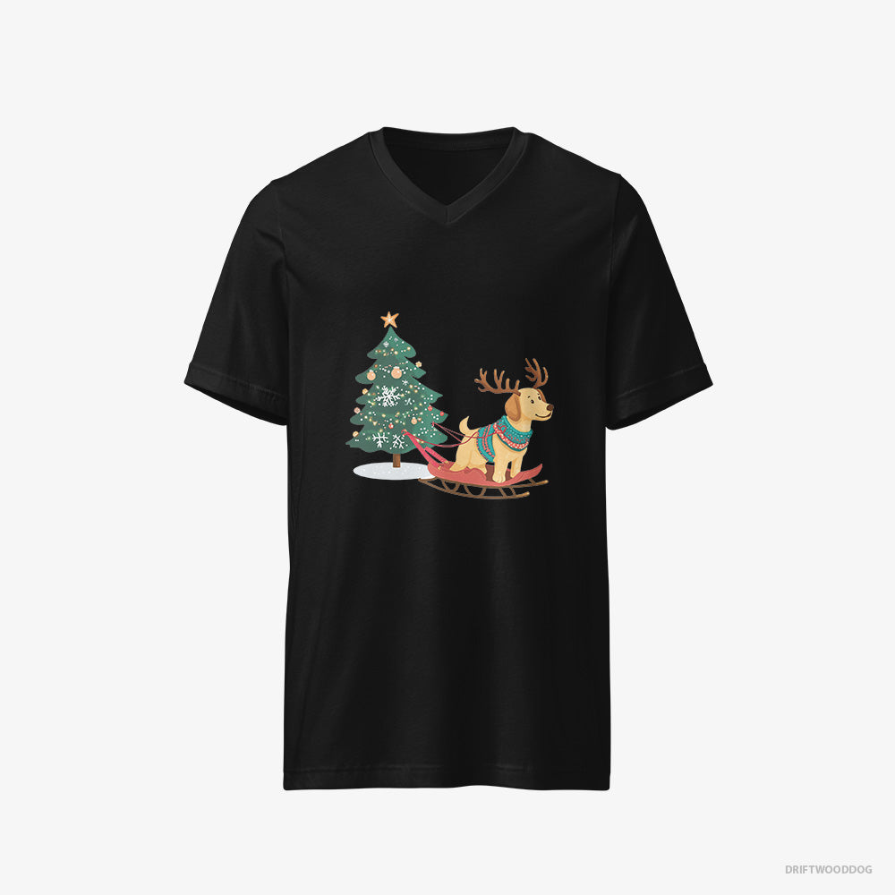 Labrador Retriever T-Shirt – Men Black T-Shirt V-Neck – Towing a Christmas Tree on a Sled (on White Background)