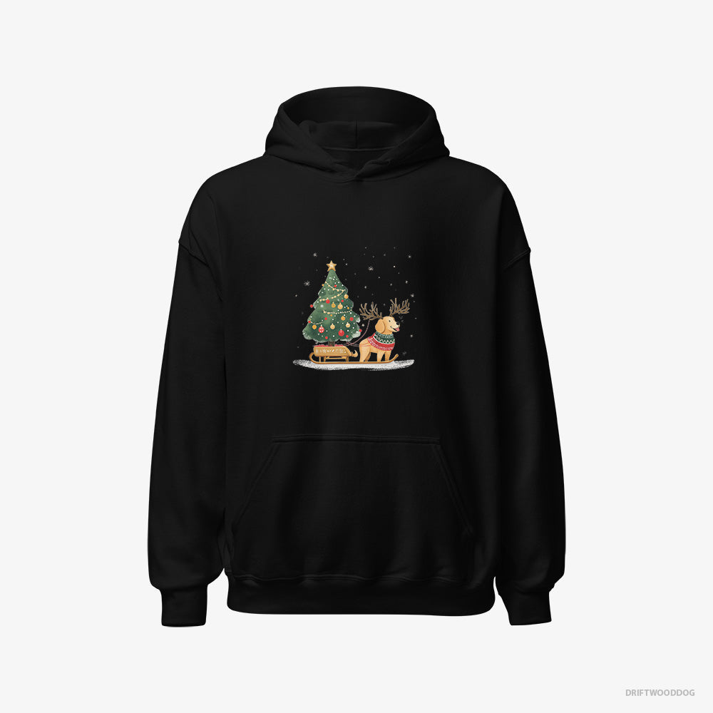 Golden Retriever Hoodie – Women Black Hoodie Classic – Carrying a Tree on a Sled (on White Background)