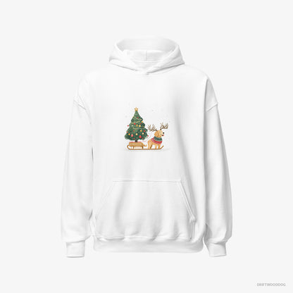 Golden Retriever Hoodie – Men White Hoodie Classic – Carrying a Tree on a Sled (on White Background)