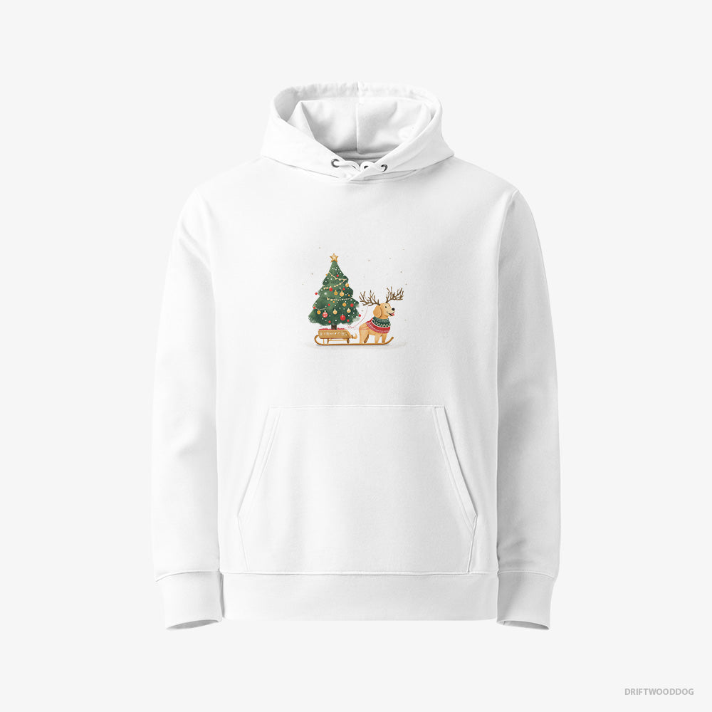 Golden Retriever Hoodie – Women White Hoodie Eco-Friendly – Carrying a Tree on a Sled (on White Background)