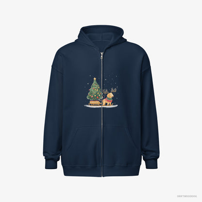 Golden Retriever Hoodie – Men Navy Hoodie Full-Zip – Carrying a Tree on a Sled (on White Background)