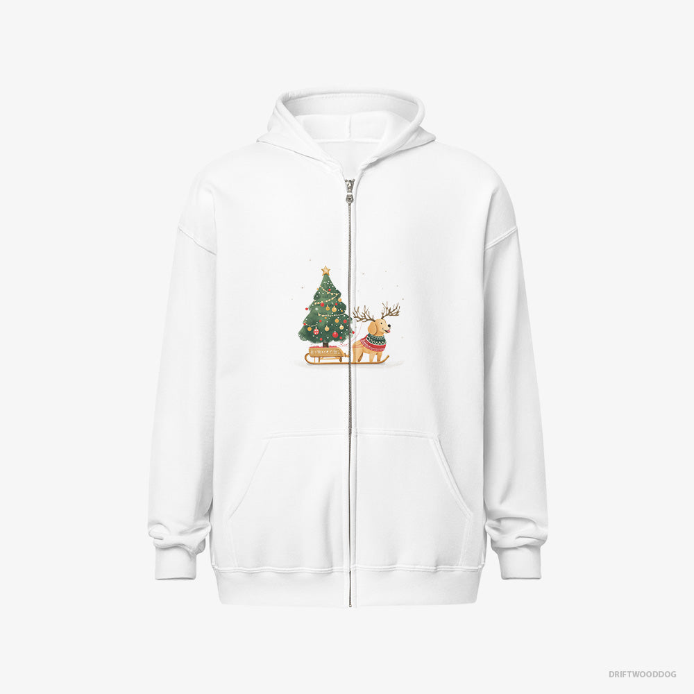 Golden Retriever Hoodie – Men White Hoodie Full-Zip – Carrying a Tree on a Sled (on White Background)