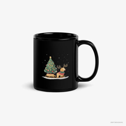 Golden Retriever Mug – Unisex Black Mug Classic – Carrying a Tree on a Sled (on White Background)