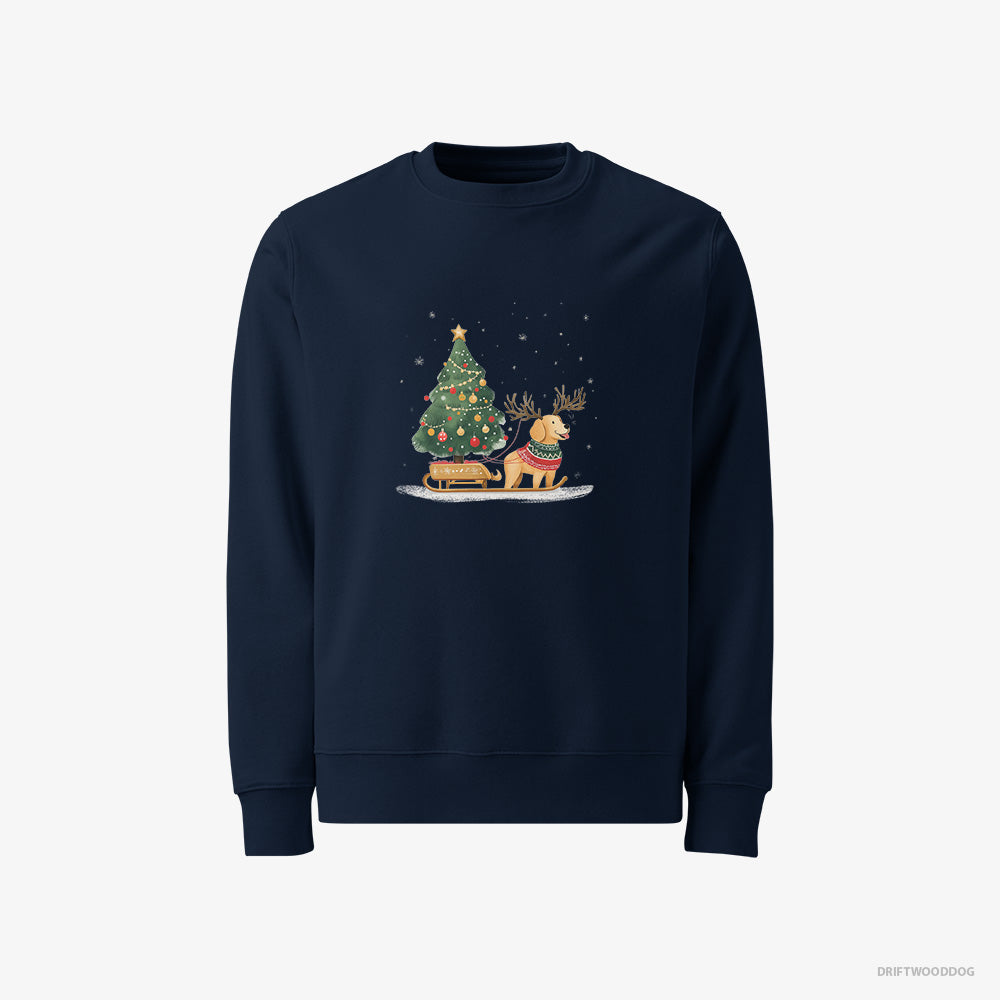 Golden Retriever Sweatshirt – Men Navy Sweatshirt Classic – Carrying a Tree on a Sled (on White Background)