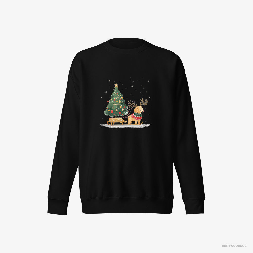 Golden Retriever Sweatshirt – Men Black Sweatshirt Eco-Friendly – Carrying a Tree on a Sled (on White Background)