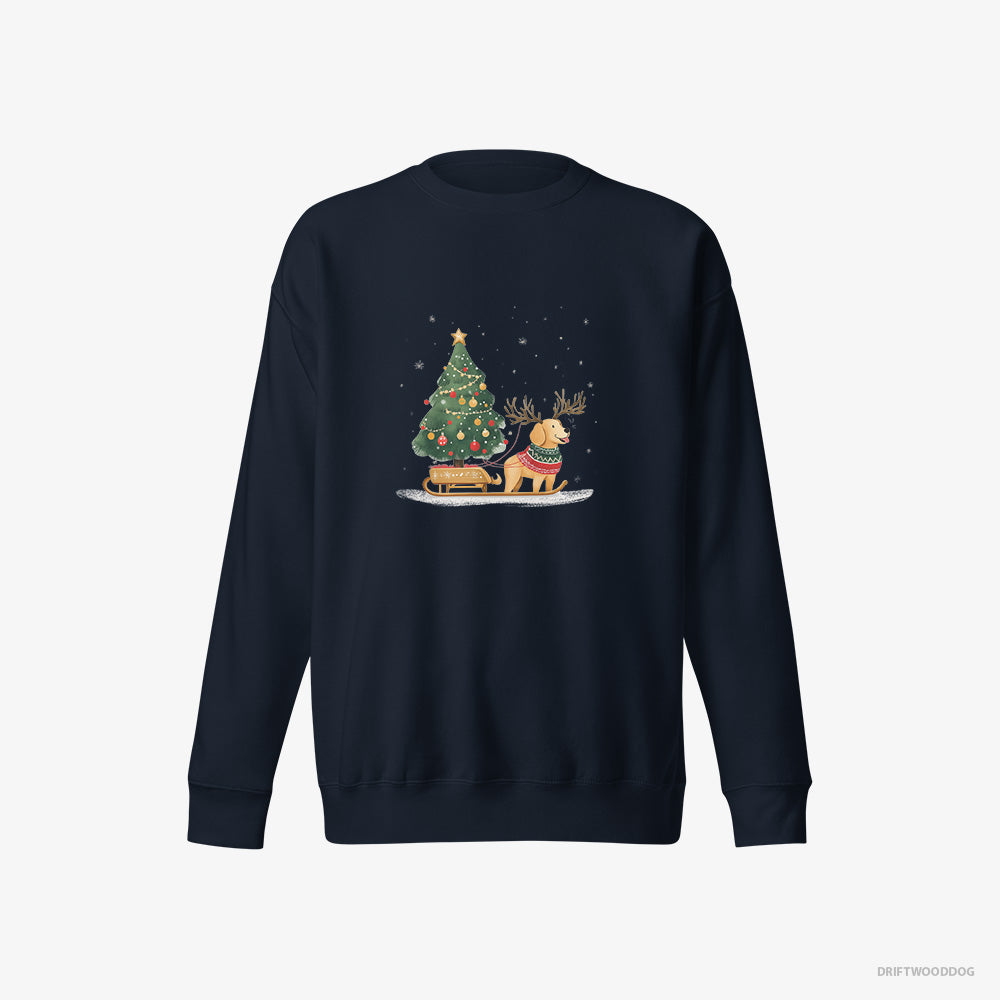 Golden Retriever Sweatshirt – Men Navy Sweatshirt Eco-Friendly – Carrying a Tree on a Sled (on White Background)