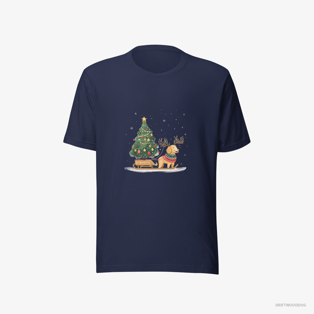 Golden Retriever T-Shirt – Men Navy T-Shirt Eco-Friendly – Carrying a Tree on a Sled (on White Background)