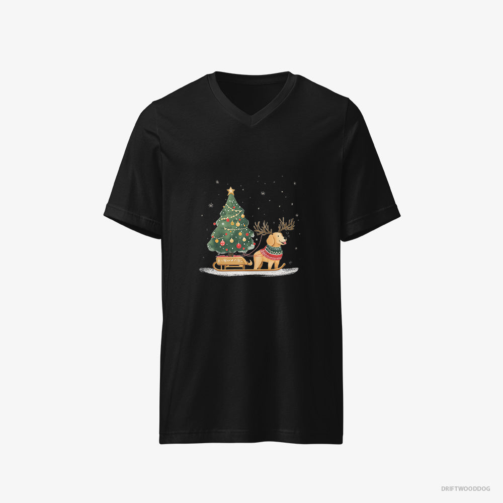 Golden Retriever T-Shirt – Men Black T-Shirt V-Neck – Carrying a Tree on a Sled (on White Background)