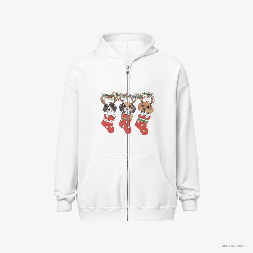 Beagle Hoodie – Men White Hoodie Full-Zip – Puppies in Holiday Stockings (on White Background)