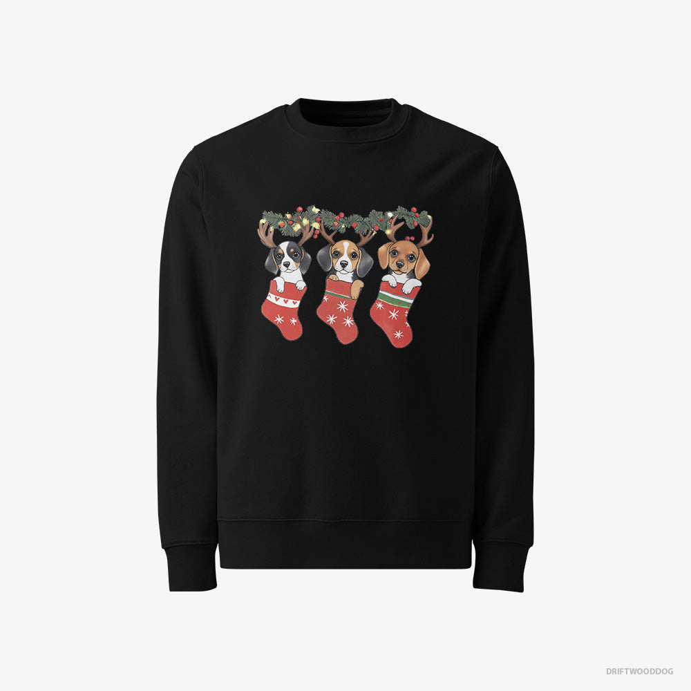 Beagle Sweatshirt – Men Black Sweatshirt Classic – Puppies in Holiday Stockings (on White Background)