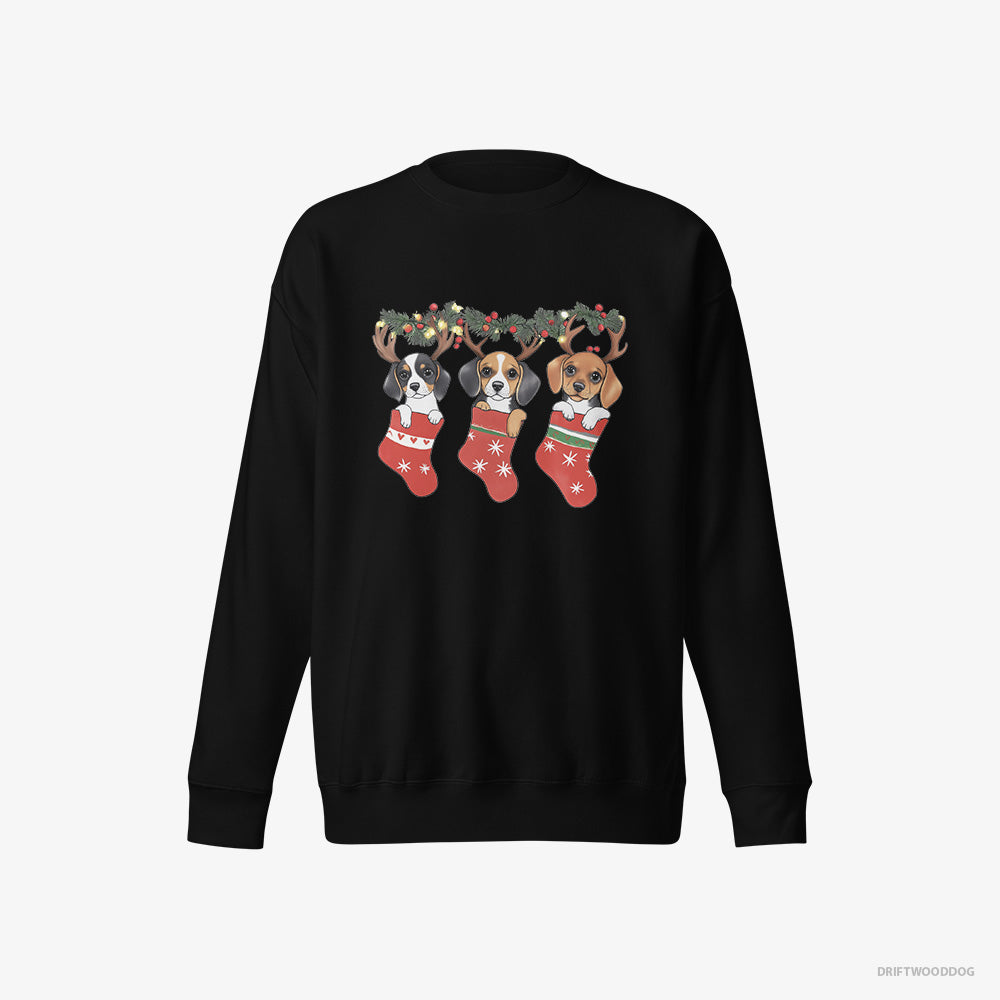 Beagle Sweatshirt – Men Black Sweatshirt Eco-Friendly – Puppies in Holiday Stockings (on White Background)