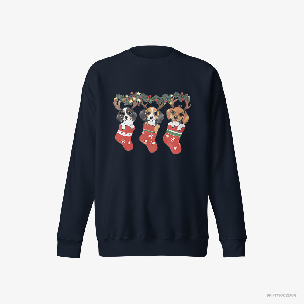 Beagle Sweatshirt – Men Navy Sweatshirt Eco-Friendly – Puppies in Holiday Stockings (on White Background)