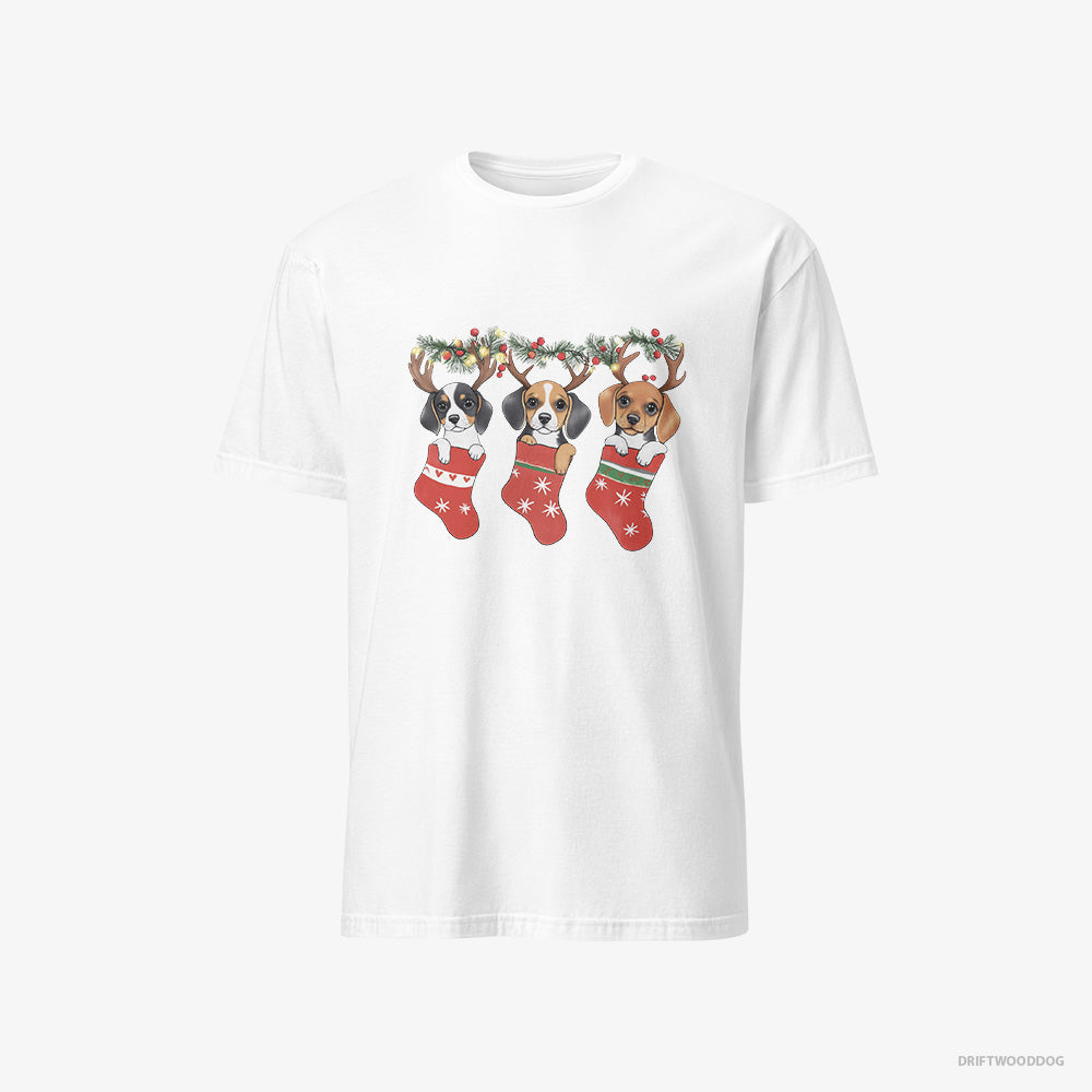 Beagle T-Shirt – Men White T-Shirt Classic – Puppies in Holiday Stockings (on White Background)