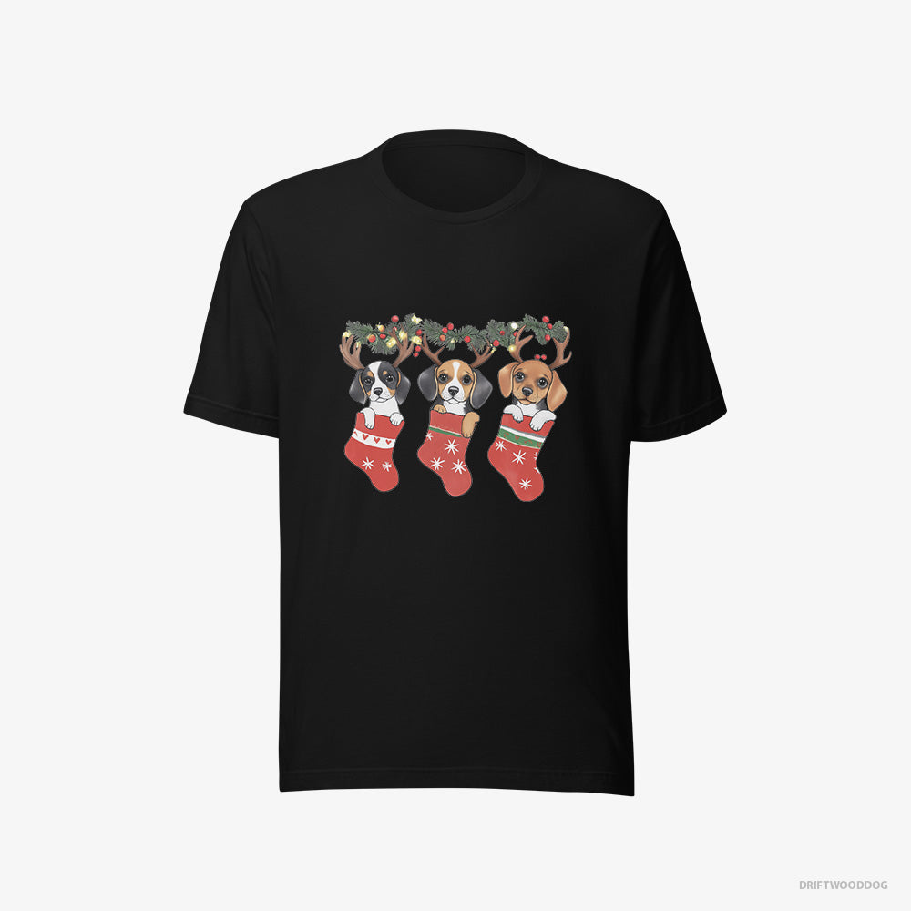 Beagle T-Shirt – Men Black T-Shirt Eco-Friendly – Puppies in Holiday Stockings (on White Background)