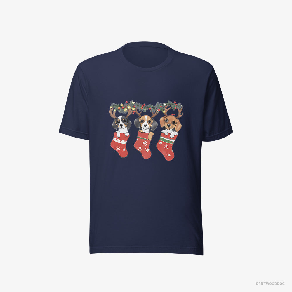 Beagle T-Shirt – Women Navy T-Shirt Eco-Friendly – Puppies in Holiday Stockings (on White Background)