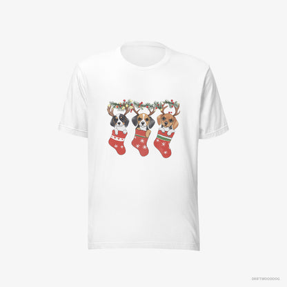 Beagle T-Shirt – Men White T-Shirt Eco-Friendly – Puppies in Holiday Stockings (on White Background)