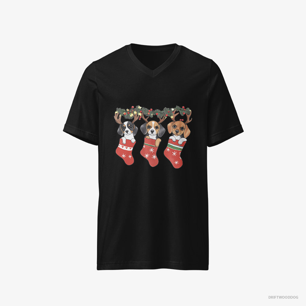 Beagle T-Shirt – Men Black T-Shirt V-Neck – Puppies in Holiday Stockings (on White Background)