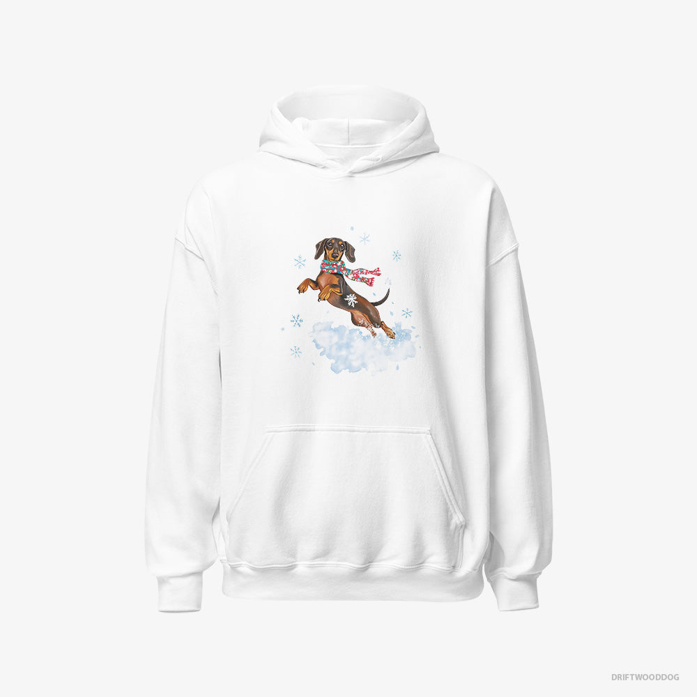 Dachshund Hoodie – Men White Hoodie Classic – Jumping from a Fluffy Cloud (on White Background)