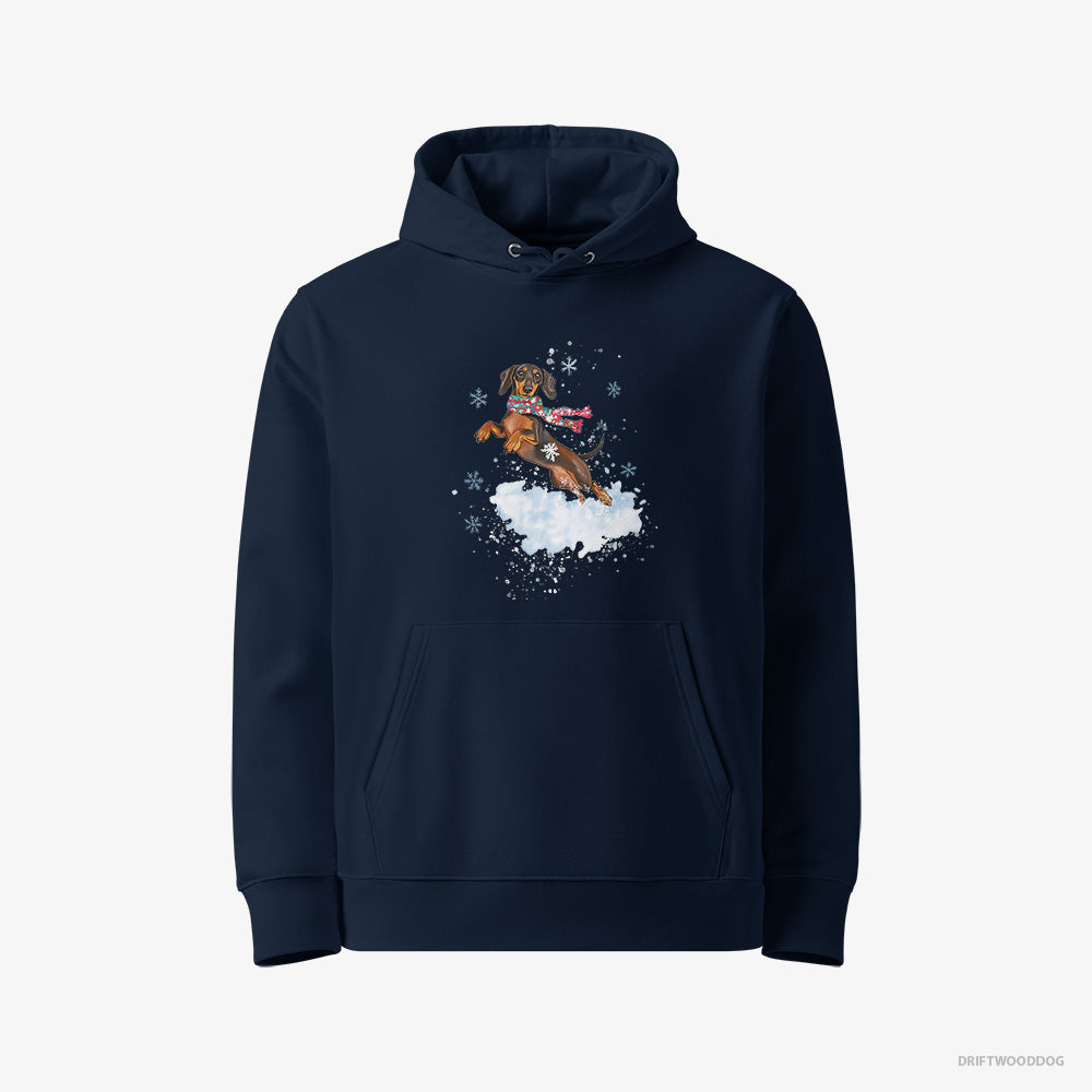 Dachshund Hoodie – Women Navy Hoodie Eco-Friendly – Jumping from a Fluffy Cloud (on White Background)