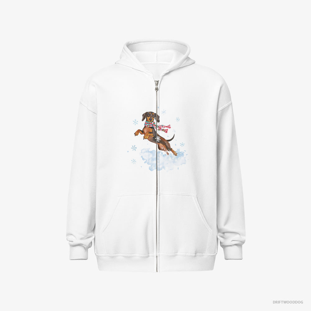 Dachshund Hoodie – Men White Hoodie Full-Zip – Jumping from a Fluffy Cloud (on White Background)