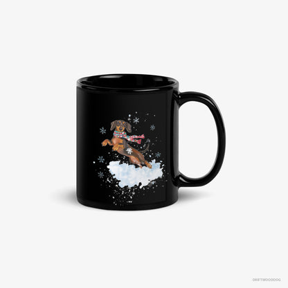 Dachshund Mug – Unisex Black Mug Classic – Jumping from a Fluffy Cloud (on White Background)