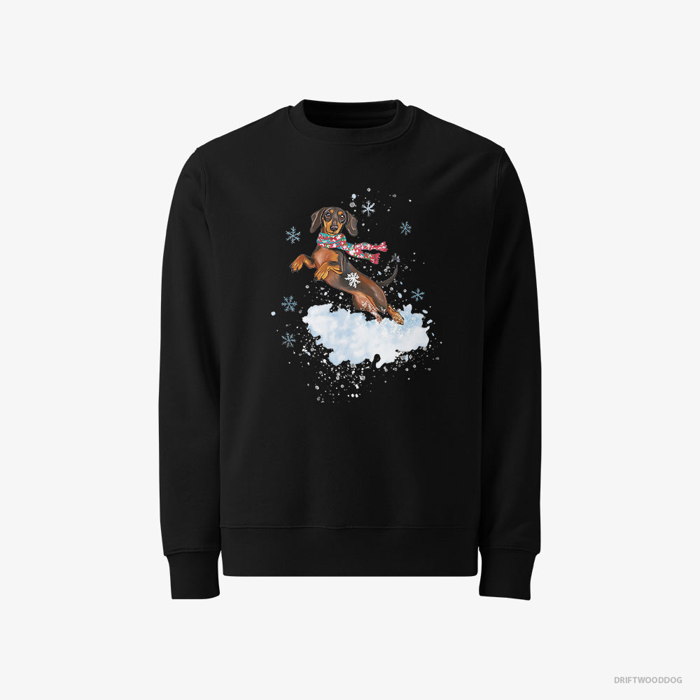 Dachshund Sweatshirt – Men Black Sweatshirt Classic – Jumping from a Fluffy Cloud (on White Background)