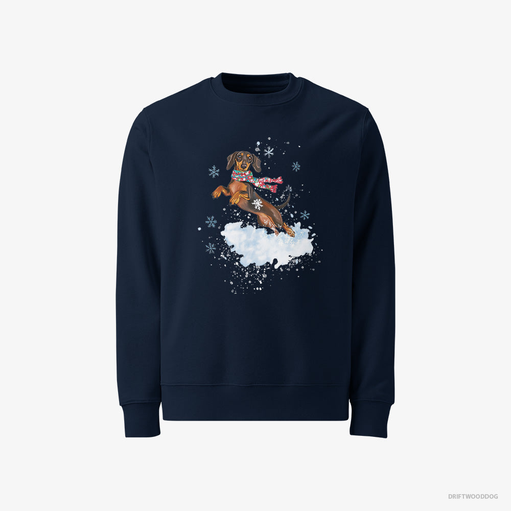 Dachshund Sweatshirt – Men Navy Sweatshirt Classic – Jumping from a Fluffy Cloud (on White Background)