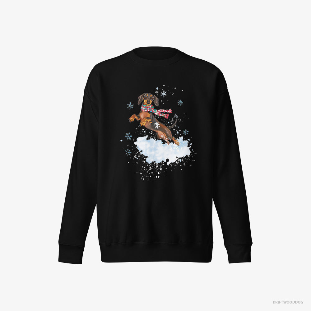 Dachshund Sweatshirt – Men Black Sweatshirt Eco-Friendly – Jumping from a Fluffy Cloud (on White Background)