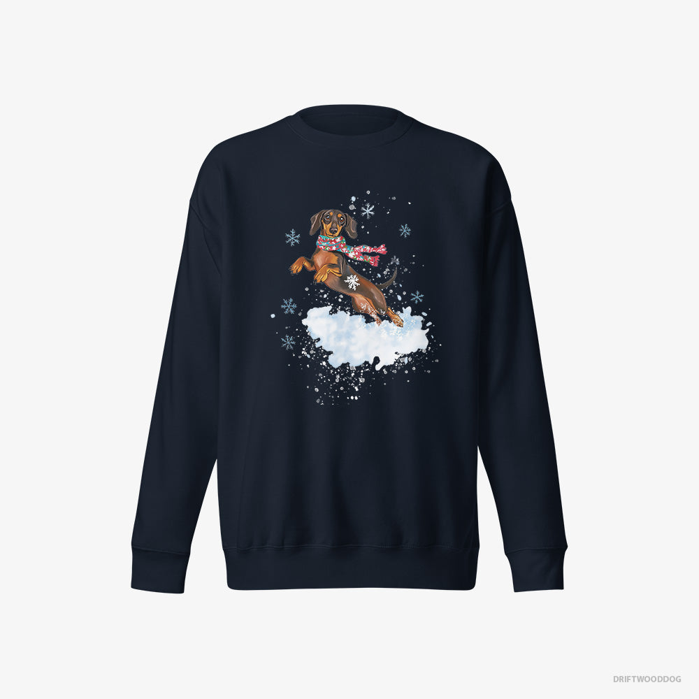 Dachshund Sweatshirt – Women Navy Sweatshirt Eco-Friendly – Jumping from a Fluffy Cloud (on White Background)