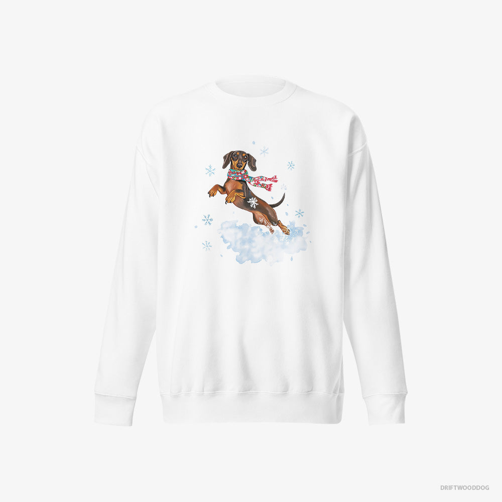 Dachshund Sweatshirt – Men White Sweatshirt Eco-Friendly – Jumping from a Fluffy Cloud (on White Background)