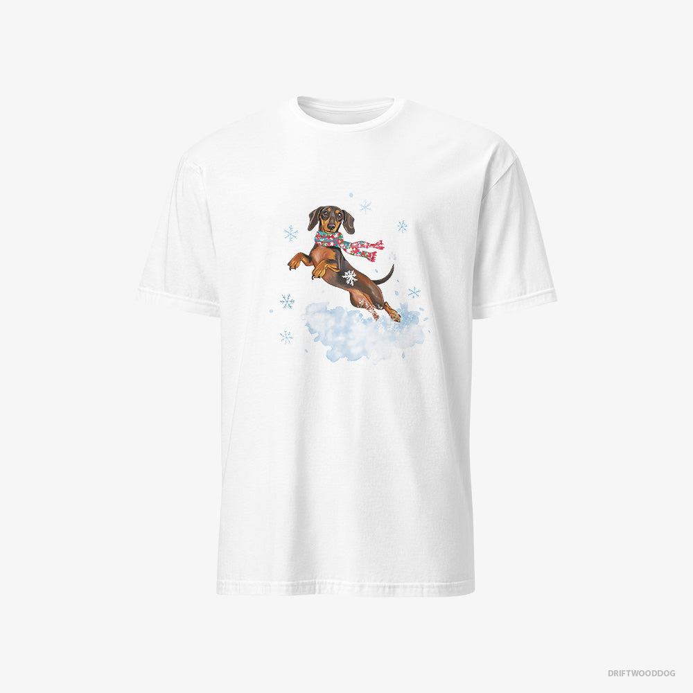 Dachshund T-Shirt – Men White T-Shirt Classic – Jumping from a Fluffy Cloud (on White Background)