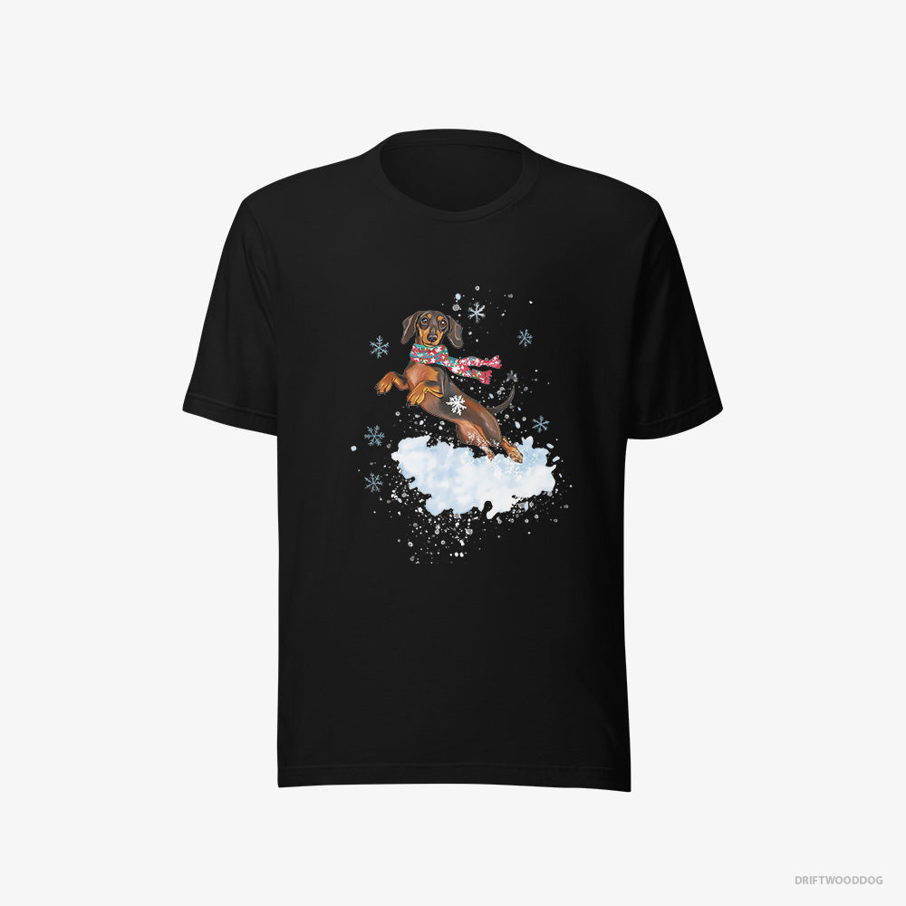 Dachshund T-Shirt – Men Black T-Shirt Eco-Friendly – Jumping from a Fluffy Cloud (on White Background)