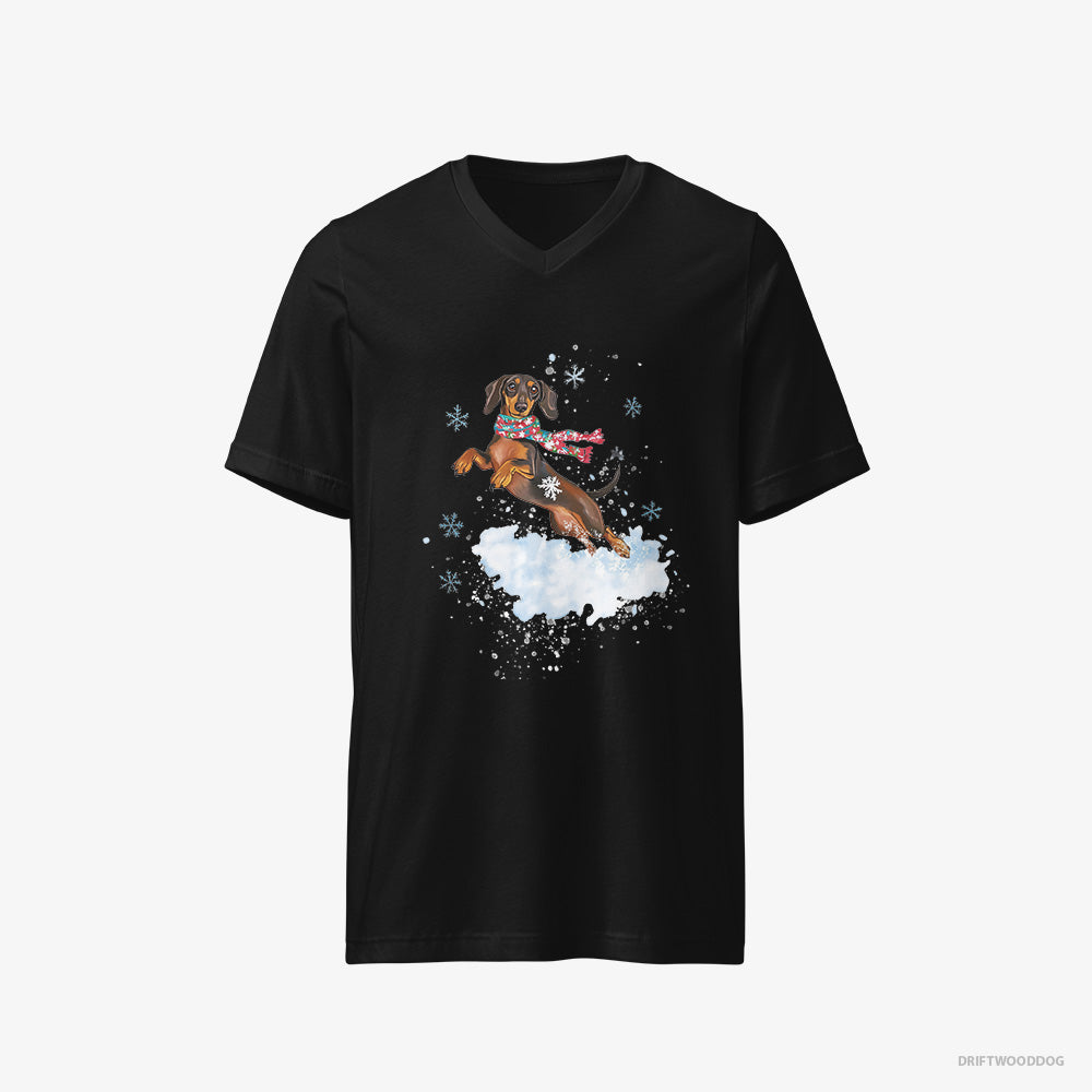 Dachshund T-Shirt – Men Black T-Shirt V-Neck – Jumping from a Fluffy Cloud (on White Background)