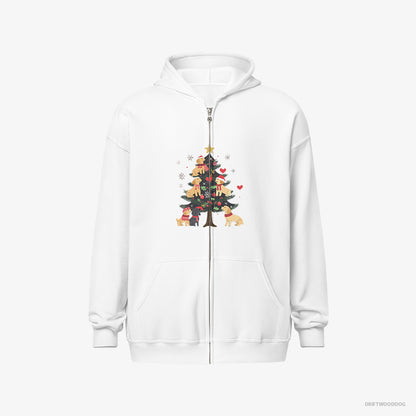 Golden Retriever Hoodie – Men White Hoodie Full-Zip – Puppies Exploring Christmas Tree (on White Background)