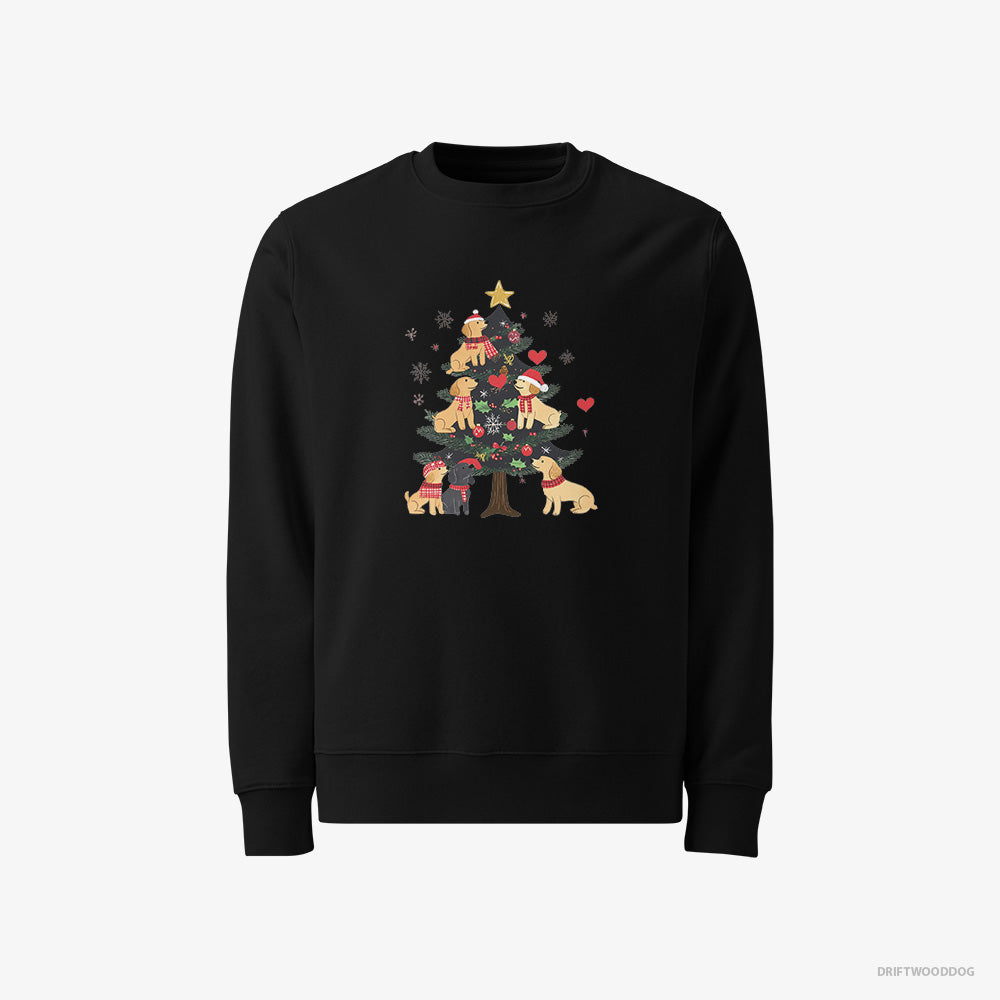 Golden Retriever Sweatshirt – Men Black Sweatshirt Classic – Puppies Exploring Christmas Tree (on White Background)