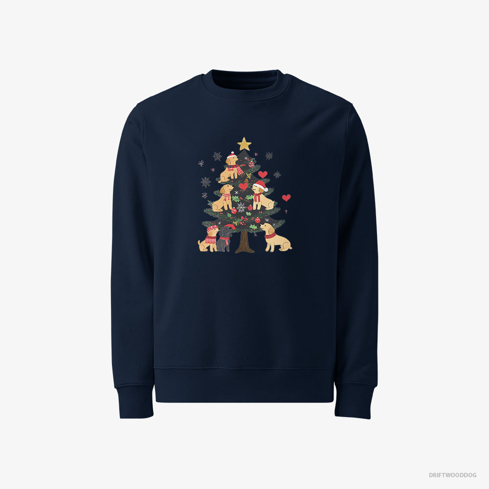 Golden Retriever Sweatshirt – Men Navy Sweatshirt Classic – Puppies Exploring Christmas Tree (on White Background)