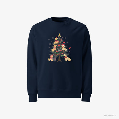 Golden Retriever Sweatshirt – Men Navy Sweatshirt Classic – Puppies Exploring Christmas Tree (on White Background)