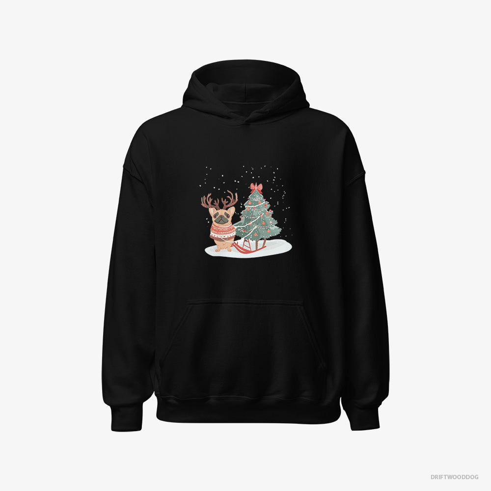 French Bulldog Hoodie – Women Black Hoodie Classic – with a Christmas Tree (on White Background)