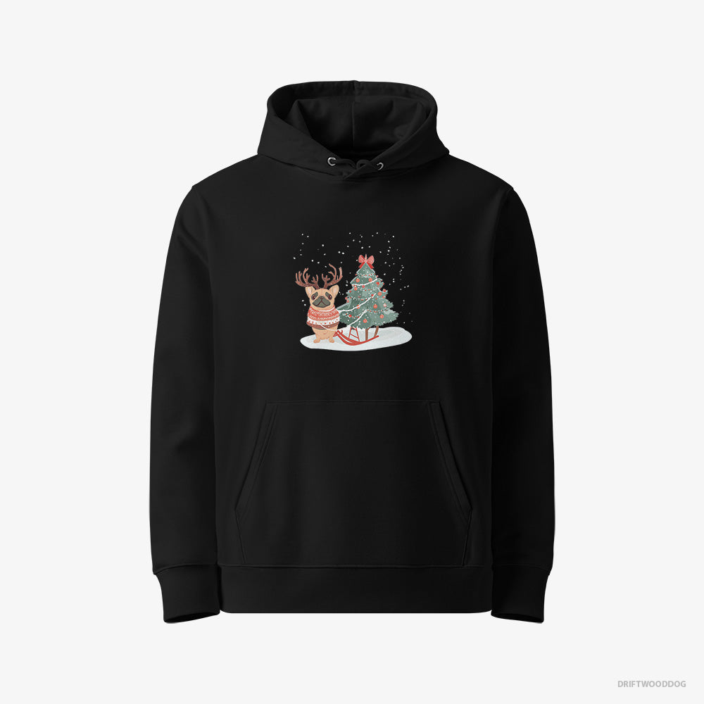 French Bulldog Hoodie – Men Black Hoodie Eco-Friendly – with a Christmas Tree (on White Background)