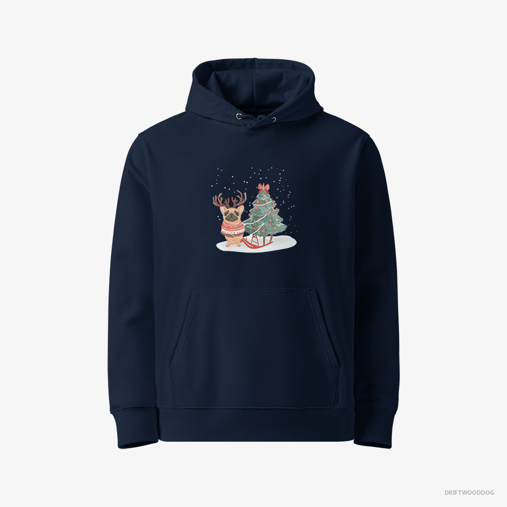 French Bulldog Hoodie – Women Navy Hoodie Eco-Friendly – with a Christmas Tree (on White Background)