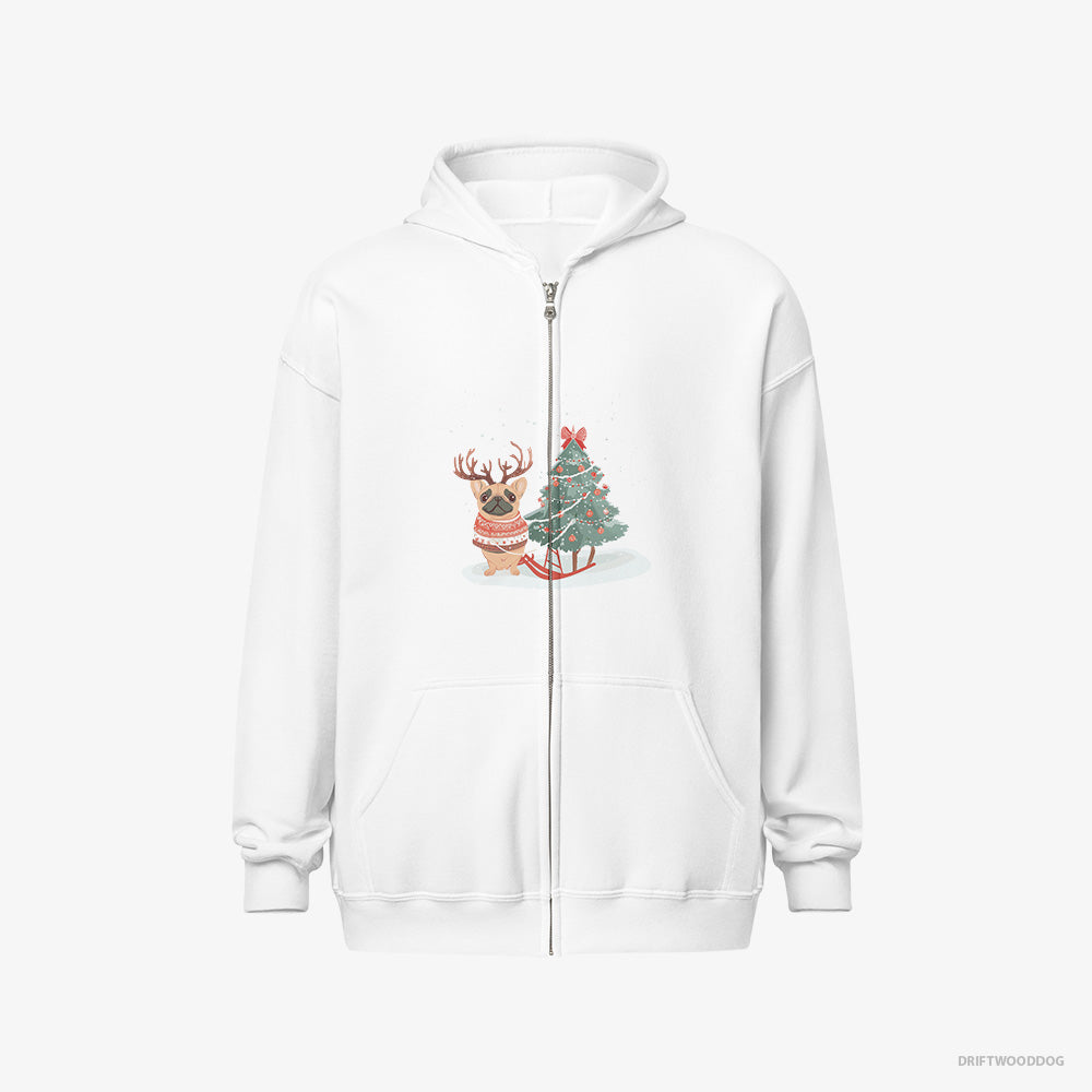 French Bulldog Hoodie – Men White Hoodie Full-Zip – with a Christmas Tree (on White Background)